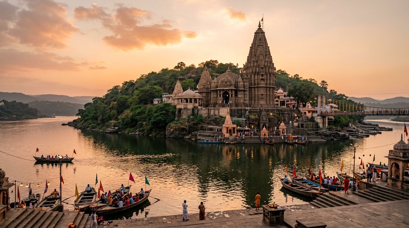 Majestic Omkareshwar Jyotirlinga temple and sacred Narmada river ghats near Hotel Panchavati Palace